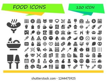 Vector icons pack of 120 filled food icons. Simple modern icons about  - Sausage, Utensils, Salad, Dried fish, Doughnut, Pub, Cat, Lunch box, Collar, Cutter, Strawberry, Wine glass, Sandwich