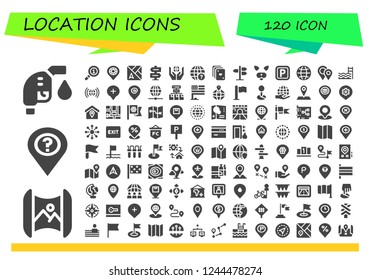 Vector icons pack of 120 filled location icons. Simple modern icons about  - Gas fuel, Mapping, Placeholder, Info, Map, Direction, Worldwide, Earth globe, Cards, Road sign, Filter, Parking