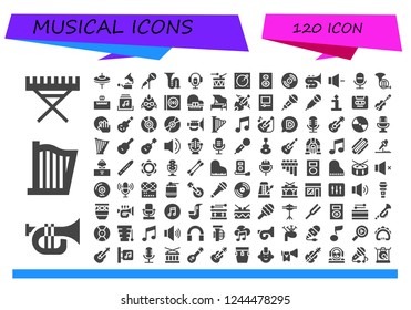 Vector icons pack of 120 filled musical icons. Simple modern icons about  - Electric piano, Trumpet, Harp, Cymbals, Gramophone, Microphone, Trombone, Voice recorder, Drum, Turntable, Woofer