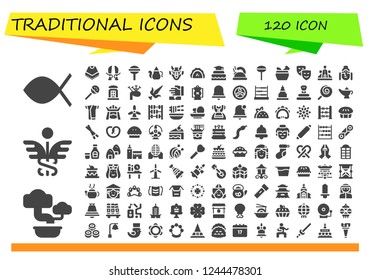 Vector icons pack of 120 filled traditional icons. Simple modern icons about  - Christianity, Bonsai, Caduceus, Poncho, Sword, Lollipop, Teapot, Hannya, Pastry, Cake, Mortar, Masks, Windmill