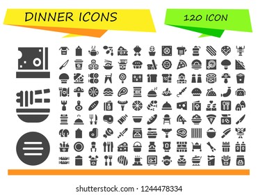 Vector icons pack of 120 filled dinner icons. Simple modern icons about  - Cheese, Meat, Noodle, Noodles, Sauce, Tea pot, Spoons, Barbecue, Pot, Safebox, Sandwich, Bottle, Hotdog, Lobster