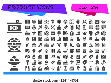 Vector icons pack of 120 filled product icons. Simple modern icons about  - Canned food, Ice cream, Hamster wheel, Churros, Baguette, Package, Dried fish, QR, Farmer, Calcium, Olive, Strategy