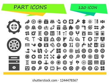 Vector icons pack of 120 filled part icons. Simple modern icons about  - Settings, Cpu, Wheel, Stomach, Match, Windshield, Pipe, Puzzle, Screw, Brake disc, Steering wheel, Timing belt, Pedal