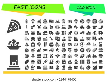 Vector icons pack of 120 filled fast icons. Simple modern icons about  - Pizza, Delivery, Mushroom, Hot dog, Trolley, Tacos, Truck, Motorbike, Food cart, Delivery truck, Chip, Soup, Power