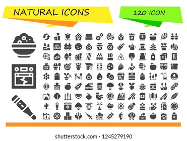 Vector icons pack of 120 filled natural icons. Simple modern icons about  - Rice, Thermometer, Earthquake, Recycle, Milk, Flower, Eco, Watermelon, Flowers, Corn, Wheat, Mortar, Renewable energy