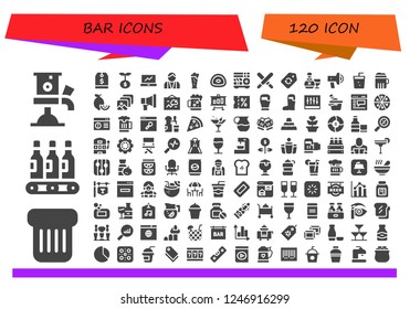 Vector icons pack of 120 filled bar icons. Simple modern icons about  - Beer tap, Toast, Beers, Tag, Growth, Analytics, Bartender, Beer, Gummy, Sushi, Chocolate, Label, Rum, Promotion