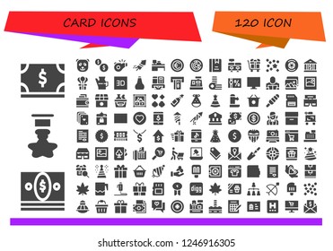 Vector icons pack of 120 filled card icons. Simple modern icons about  - Dollar, Money, Badge, Panda bear, Coins, Referee, Fireworks, Cash machine, Coin, Labyrinth, Album, Cash register