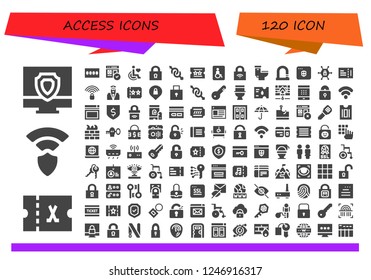 Vector icons pack of 120 filled access icons. Simple modern icons about  - Antivirus, Ticket, Wireless, Password, Web, Disability, Lock, Gender, Wheelchairs, Toilet, Vpn, Wifi signal