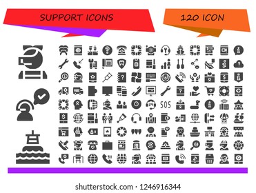 Vector icons pack of 120 filled support icons. Simple modern icons about  - Call center, Buoy, Customer service, Dental, Smartphone, Friends, Help, Telephone, Lifesaver, Robot