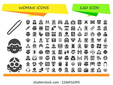 Vector icons pack of 120 filled woman icons. Simple modern icons about  - Hair removal, Avatar, Head, Superhero, Boyfriend, Wc, Customer support, Wig, Troglodyte, Picture frames