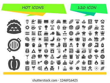 Vector icons pack of 120 filled hot icons. Simple modern icons about  - Tacos, Pepper, Grill, Hot air balloon, Fry, Toaster, Soup, Pot, Dumpling, Coffee cup, Hot dog, Tea, Rice