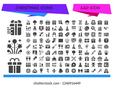 Vector icons pack of 120 filled christmas icons. Simple modern icons about  - Gift, Gift box, Fireworks, Tree, Ornament, Snow, Liquorice, Candle, Trees, Party hat, Present, Park