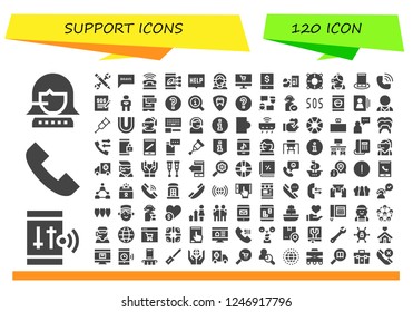 Vector icons pack of 120 filled support icons. Simple modern icons about  - Call center, Smartphone, Phone call, Configuration, Bravo, Phone, Help, Customer support, Online shop