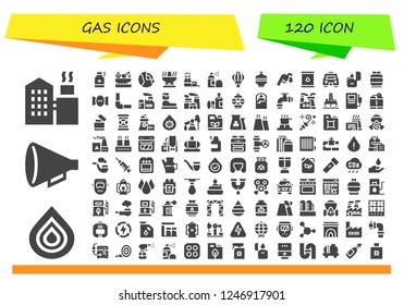 Vector icons pack of 120 filled gas icons. Simple modern icons about  - Factory, Drop, Protest, Spray, Geothermal, Oven, Lantern, Gas station, Oil, Taxi, Lighter, Gas, Pipe, Pipeline
