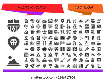 Vector icons pack of 120 filled vector icons. Simple modern icons about  - Nantes, Mountain, Placeholder, Microphone, Balloons, Mouse, Luggage, Radio, Mail, Location, Binoculars