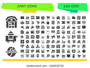 Vector icons pack of 120 filled cart icons. Simple modern icons about  - Warehouse, Universal, Room service, Sale, Basket, Cart, Coupon, Shopping cart, Trolley, Shopping basket