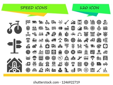 Vector icons pack of 120 filled speed icons. Simple modern icons about  - Bike, Falling debris, Road sign, Rainbow, Cargo truck, Truck, Van, Ambulance, Wind, Rowing, Escalator