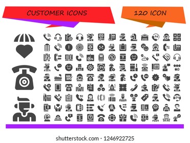 Vector icons pack of 120 filled customer icons. Simple modern icons about  - Emotions, Call center, Phone, Telephone, Headset, Clipboard, Support, Manual, Supermarket, Call, Customer service