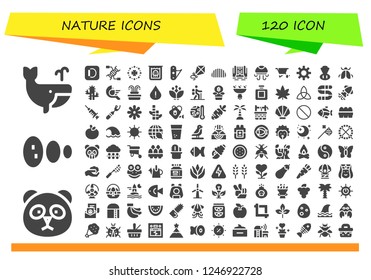 Vector icons pack of 120 filled nature icons. Simple modern icons about  - Whale, Panda, Solar system, Apple, Dna, Saint Patrick, Creature, Jackknife, Kite, Caterpillar, Waterfall