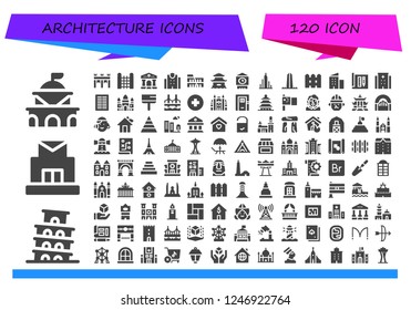 Vector icons pack of 120 filled architecture icons. Simple modern icons about  - Government, Pisa, Post office, Bridge, Fence, Courthouse, Police station, Colosseum, Pagoda, Big ben