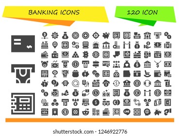 Vector icons pack of 120 filled banking icons. Simple modern icons about  - Cheque, Safebox, Atm, Bitcoin, Money, Coin, Piggy bank, Cash register, Courthouse, Exchange, Bank, Safe box