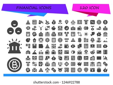 Vector icons pack of 120 filled financial icons. Simple modern icons about  - Rate, Bitcoin, Financial, Pyramid, Calculator, Cash machine, Retirement, Dollar, Growth, Bank, Balance