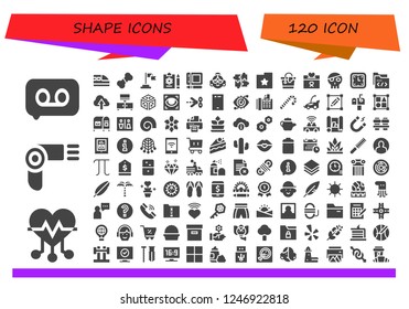 Vector icons pack of 120 filled shape icons. Simple modern icons about  - Recording, Heart, Hairdryer, Train, Bone, Flag, Report, Graphic tablet, Avatar, Puzzle, Folder, Bucket
