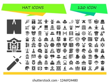 Vector icons pack of 120 filled hat icons. Simple modern icons about  - Swimsuit, Magic, Police, Confetti, Pants, Dirndl, Gingerbread, Cap, Hat, Party blower, Viking, Clothes