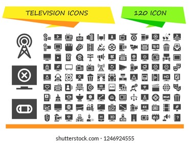 Vector icons pack of 120 filled television icons. Simple modern icons about  - Antenna, Vhs, Television, Camcorder, Video, Tv, Remote control, Handheld, Reel, Film, Satellite dish