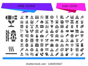 Vector icons pack of 120 filled fire icons. Simple modern icons about  - Bomb, Hot, Rocket ship launch, Tent, Barbecue, Bonfire, Candles, Oil, Alarm, Fireworks, Exit, Log, Troglodyte
