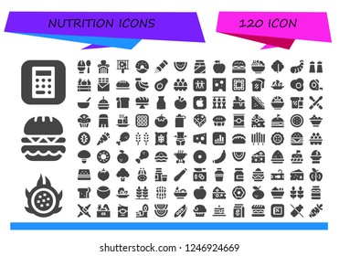 Vector icons pack of 120 filled nutrition icons. Simple modern icons about  - Apple, Dragon fruit, Burger, Egg, Bbq, Donut, Salt, Watermelon, Milk, Salad, Lettuce, Shrimp, Fruit
