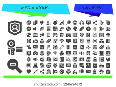 Vector icons pack of 120 filled media icons. Simple modern icons about  - Social, Zoom out, Camcorder, Yahoo, Cards, Promotion, News reporter, Avatar, Slider, Button, Conversation