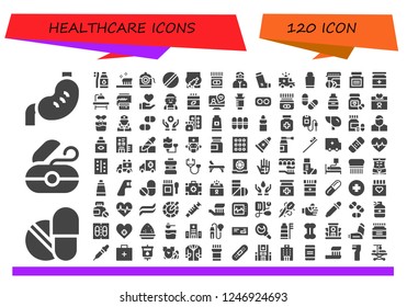 Vector icons pack of 120 filled healthcare icons. Simple modern icons about  - Stomach, Pills, Dental floss, Tooth Brush, Toothbrush, Pill, Injection, Medicine, Dentist, Inhaler