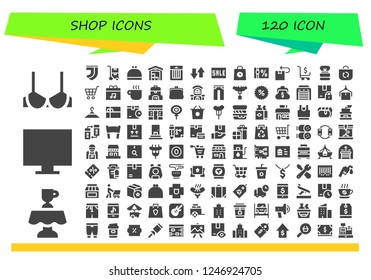 Vector icons pack of 120 filled shop icons. Simple modern icons about  - Brassiere, Latte, Online shop, Juventus, Trolley, Purse, Delivery, Treats, Transfer, Sale, Gift voucher