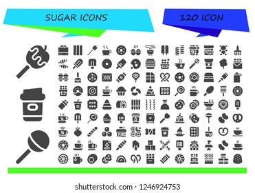 Vector icons pack of 120 filled sugar icons. Simple modern icons about  - Caramelized apple, Lollipop, Coffee, Chocolate fudge, Chewing gum, Marshmallow, Chocolate, Doughnut, Cupcake