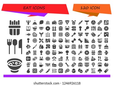 Vector icons pack of 120 filled eat icons. Simple modern icons about  - French fries, Soup, Cutlery, Lobster, Meal, Cotton candy, Pancakes, Cheese, Fish, Crepe, Fried chicken