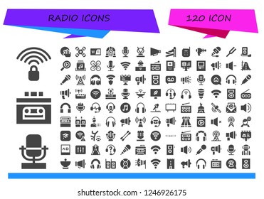 Vector icons pack of 120 filled radio icons. Simple modern icons about  - Wifi signal, Microphone, Recorder, DJ, Drone, Wifi, Jukebox, Antenna, Communication, Slider, Baby monitor