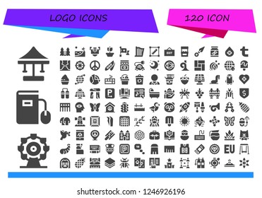 Vector icons pack of 120 filled logo icons. Simple modern icons about  - Swing, Ferris wheel, Ebook, Castle, Beach, Field, Rose, Red cross, Harp, Transform, Exit, Arcade machine