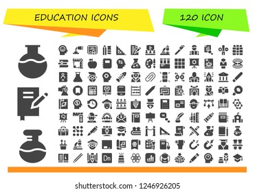 Vector icons pack of 120 filled education icons. Simple modern icons about  - Flask, Book, Mind, Paint tube, Diploma, Pencil, Ruler, Letter, Learning, Microscope, Pen, Reading