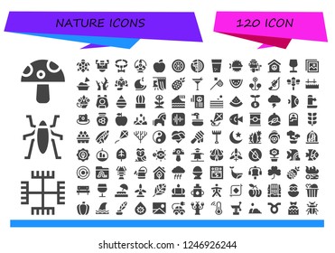 Vector icons pack of 120 filled nature icons. Simple modern icons about  - Mushroom, Gnosticism, Insect, Turtle, Field, Collar, Windmill, Apple, Kiwi, Planet earth, Water, Puffer fish