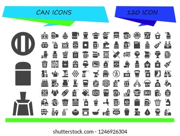 Vector icons pack of 120 filled can icons. Simple modern icons about  - Soda, Dustpan, Thermo, Painting, Beer, Drop, Jar, Bucket, Barrel, Trash, Spray, Beers, Paint spray, Canned food
