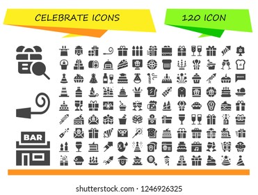 Vector icons pack of 120 filled celebrate icons. Simple modern icons about  - Gift, Pub, Party whistle, Magic hat, Chinese, Presents, Party blower, Present, Candles, Chocolate fudge