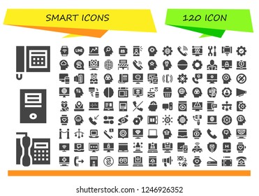 Vector icons pack of 120 filled smart icons. Simple modern icons about  - Telephone, Computer, Smartwatch, Line, Laptop, Mind, Selfie, Brain, Settings, Selfie stick, Communication