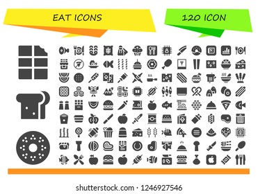 Vector icons pack of 120 filled eat icons. Simple modern icons about  - Chocolate, Doughnut, Sandwich, Meat, Breakfast, Pretzel, Wheat, Fins, Muffin, Restaurant, Chip, Knife, Donut