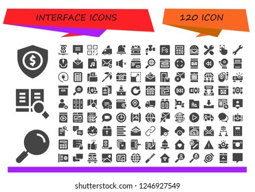 Vector icons pack of 120 filled interface icons. Simple modern icons about  - Security, Search, Wisdom, Chat, QR, Van, Alarm bell, Battery, Tap, Fuse, Calculator, Hamburger, Repair