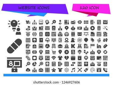 Vector icons pack of 120 filled website icons. Simple modern icons about  - Idea, Profile, Pill, Pills, Hierarchical structure, Ads, Head, Commerce, Placeholder, Phone, Email