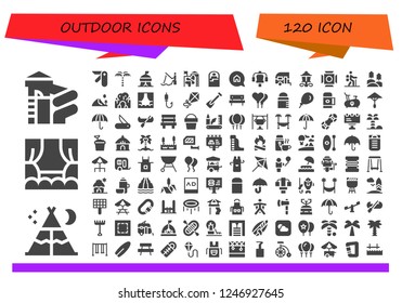 Vector icons pack of 120 filled outdoor icons. Simple modern icons about  - Slide, Tent, Stage, Pocket knife, Palm tree, Fishing, Sleeping bag, Advertising, Gym station, Caravan