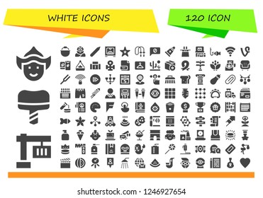 Vector icons pack of 120 filled white icons. Simple modern icons about  - Woman, Crane, Dental implant, Pot, Troglodyte, Pencil, d, Starfish, Jumping rope, Chat, Ointment, Magic hat