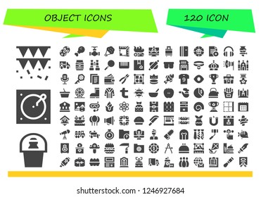 Vector icons pack of 120 filled object icons. Simple modern icons about  - Garland, Champagne, Turntable, Cookies, Chicken leg, Pipe, Bouquet, Angle, Campfire, Computer, Suitcase