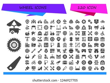 Vector icons pack of 120 filled wheel icons. Simple modern icons about  - Food cart, Saw, Bicycle, Ferris wheel, Race car, Bike, Ice cream van, Settings, Car, Carriage, Cogwheel